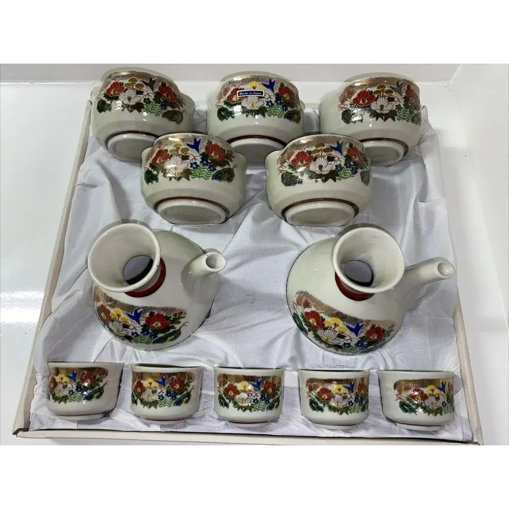 VTG Japan Sake Tea Set Cups 12 Pc Beautiful Flower Design Yokohama Hand Painted